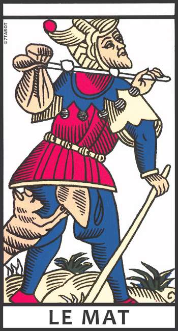 Carte du Mat dans le Tarot de Marseille, représentant un voyageur en marche, accompagné d’un animal, symbole de liberté, d’inconnu et de transition
