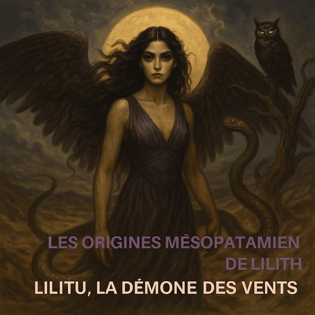 Illustration de Lilitu, esprit féminin mésopotamien du vent, sous la pleine lune, entourée d’un serpent et d’un hibou, symboles de sagesse et de transformation.