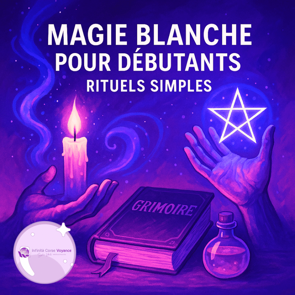 Deux mains effectuant un rituel de magie blanche avec des bougies de couleur pour débutants, avec une bougie allumée, un pentacle lumineux, un grimoire et une fiole magique, dans une ambiance mystique violette, bleue et rose pour le blog de voyance de Sophie Vitali célèbre médium