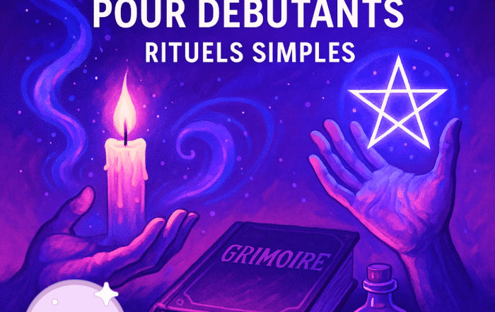 Deux mains effectuant un rituel de magie blanche pour débutants, avec une bougie allumée, un pentacle lumineux, un grimoire et une fiole magique, dans une ambiance mystique violette, bleue et rose pour le blog de voyance de Sophie Vitali célèbre médium