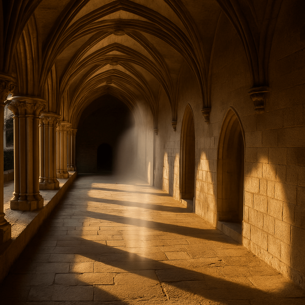 Vue lumineuse et symbolique du cloître ou du dortoir du Mont Saint-Michel, illustrant les témoignages de phénomènes paranormaux rapportés par les visiteurs