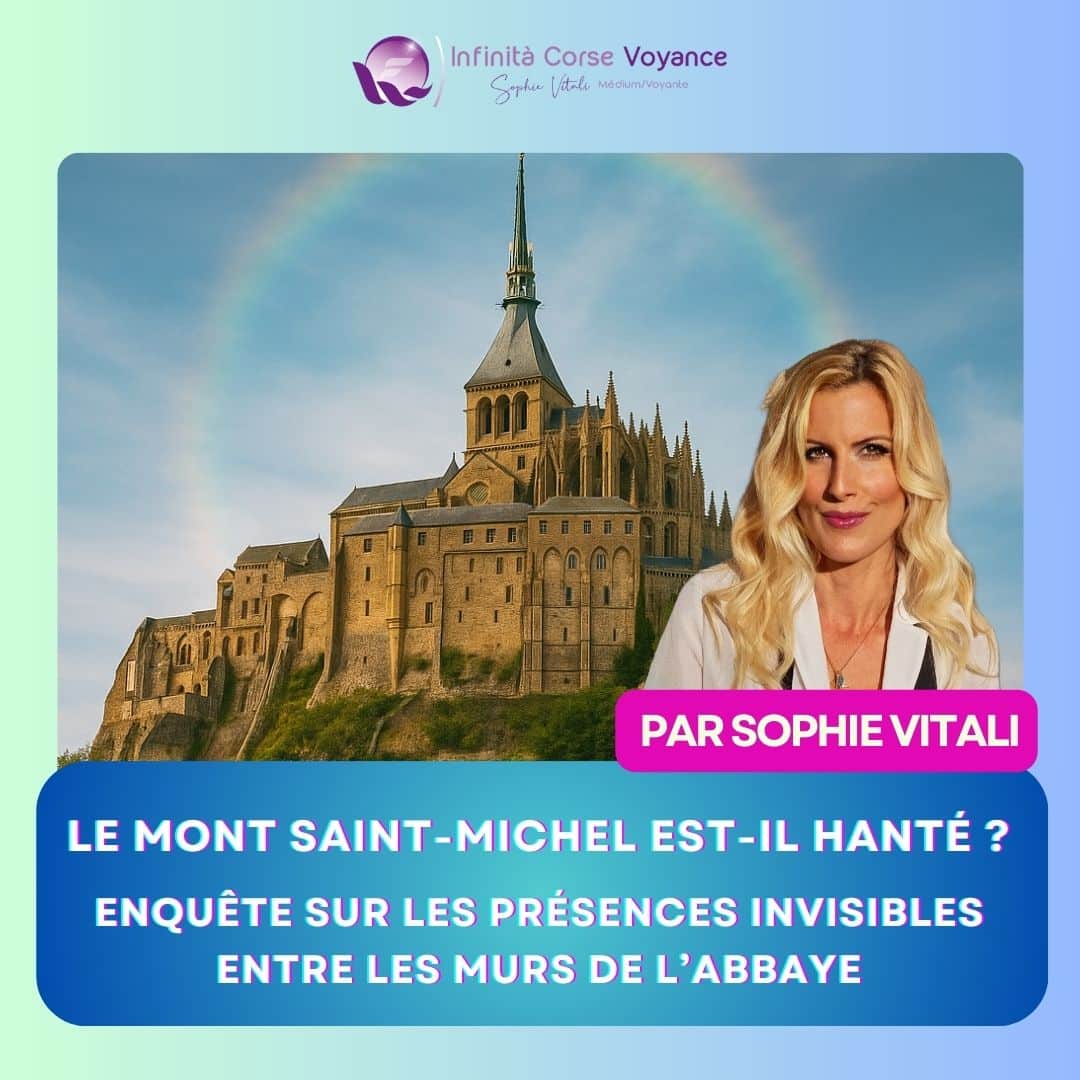 Vue du Mont Saint-Michel sous un ciel lumineux avec un arc-en-ciel, accompagnée de la médium Sophie Vitali experte du paranormal – Enquête sur les présences invisibles dans l’abbaye