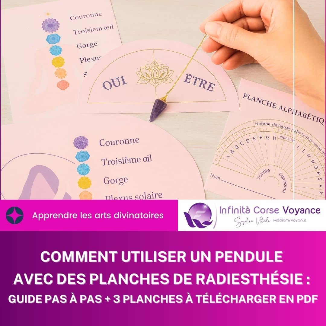 Une main utilise un pendule au-dessus de différentes planches de radiesthésie (chakras, oui/non, alphabet) dans un cadre ésotérique doux, avec une bannière informative d’Infinita Corse Voyance annonçant un guide à télécharger en PDF.
