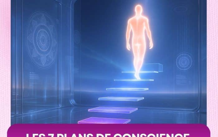 Illustration symbolique des 7 plans de conscience avec une silhouette lumineuse montant des marches vibratoires, représentant l’évolution spirituelle de l’âme.