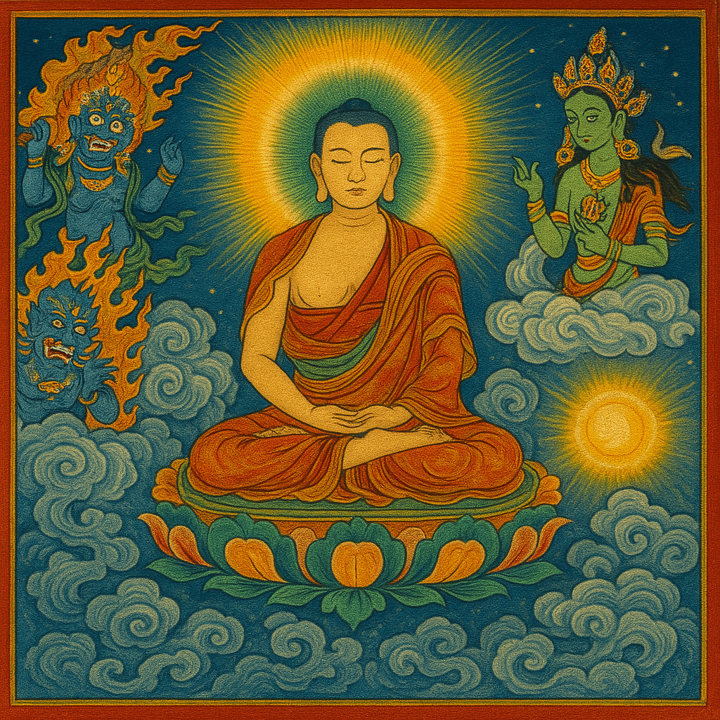 Illustration sacrée tibétaine représentant un moine en méditation entouré de divinités du Bardo, symbolisant le voyage de l’âme et les états de conscience décrits dans le Livre des morts du Tibet.