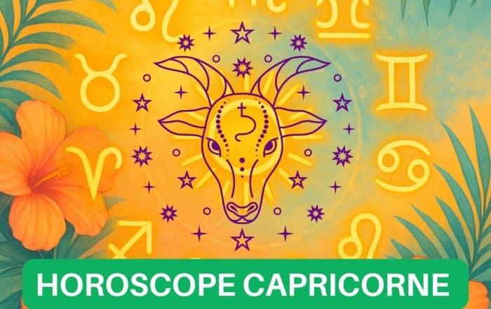 Image astrologique du signe Capricorne pour l’horoscope Juillet 2025, symbole du zodiaque Capricorne avec roue zodiacale sur fond tropical estival – Prévisions par décan : amour, travail, finances, santé et spiritualité.