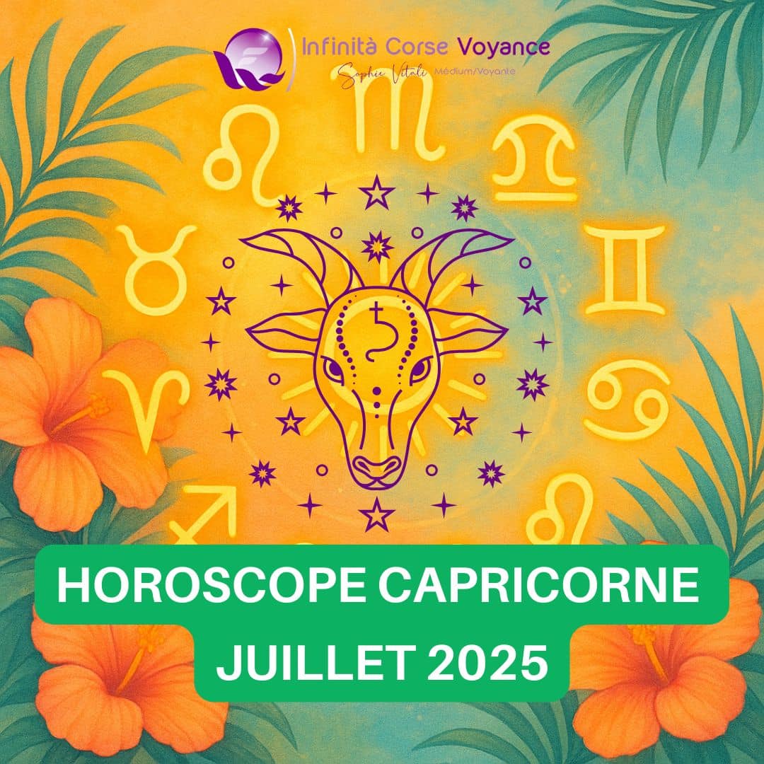 Image astrologique du signe Capricorne pour l’horoscope Juillet 2025, symbole du zodiaque Capricorne avec roue zodiacale sur fond tropical estival – Prévisions par décan : amour, travail, finances, santé et spiritualité.