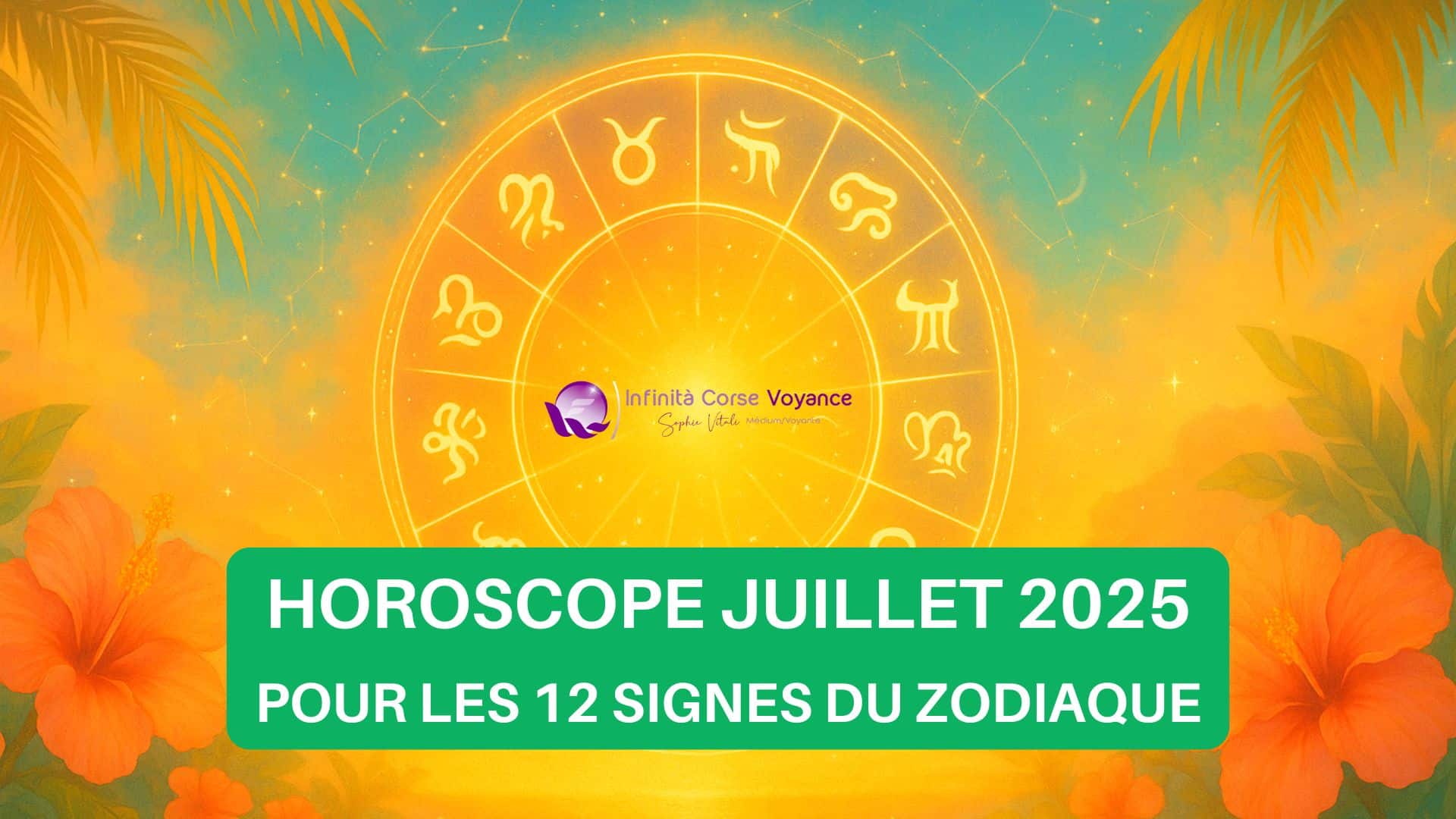 Illustration de l’horoscope juillet 2025 pour les 12 signes astrologiques avec un zodiaque doré et une ambiance tropicale, signé par un astrologue certifié de Sophie Vitali
