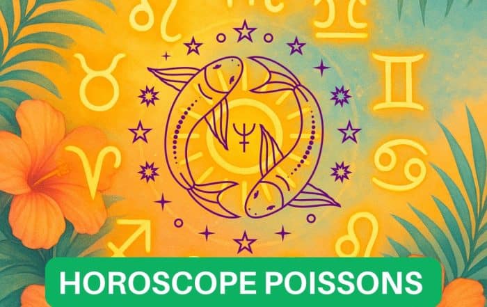 Image astrologique du signe Poissons pour l’horoscope Juillet 2025. Illustration artistique des Poissons avec roue zodiacale et fond estival coloré. Prévisions par décan : amour, travail, argent, santé et spiritualité.