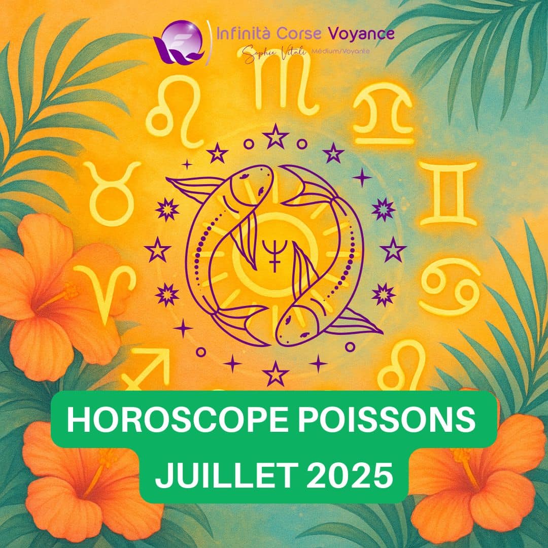 Image astrologique du signe Poissons pour l’horoscope Juillet 2025. Illustration artistique des Poissons avec roue zodiacale et fond estival coloré. Prévisions par décan : amour, travail, argent, santé et spiritualité.