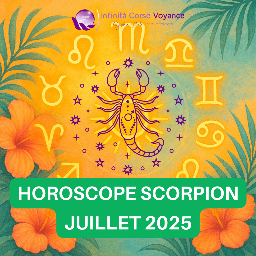 Illustration astrologique du signe Scorpion pour l’horoscope Juillet 2025, symbole du zodiaque Scorpion entouré des signes astrologiques sur fond estival orange et vert – Prévisions par décan en amour, travail, argent, santé et spiritualité.