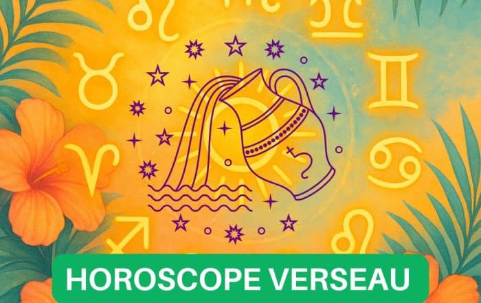 Image astrologique du signe Verseau pour l’horoscope Juillet 2025. Illustration du Verseau avec roue zodiacale et fond tropical coloré – Prévisions détaillées par décan : amour, travail, argent, santé et spiritualité.