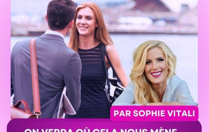 Un homme en couple regardant une autre femme, symbole d’une relation floue. Sophie Vitali souriante en avant-plan, experte en voyance sentimentale, propose une lecture intuitive de la phrase “On verra où cela nous mène”.