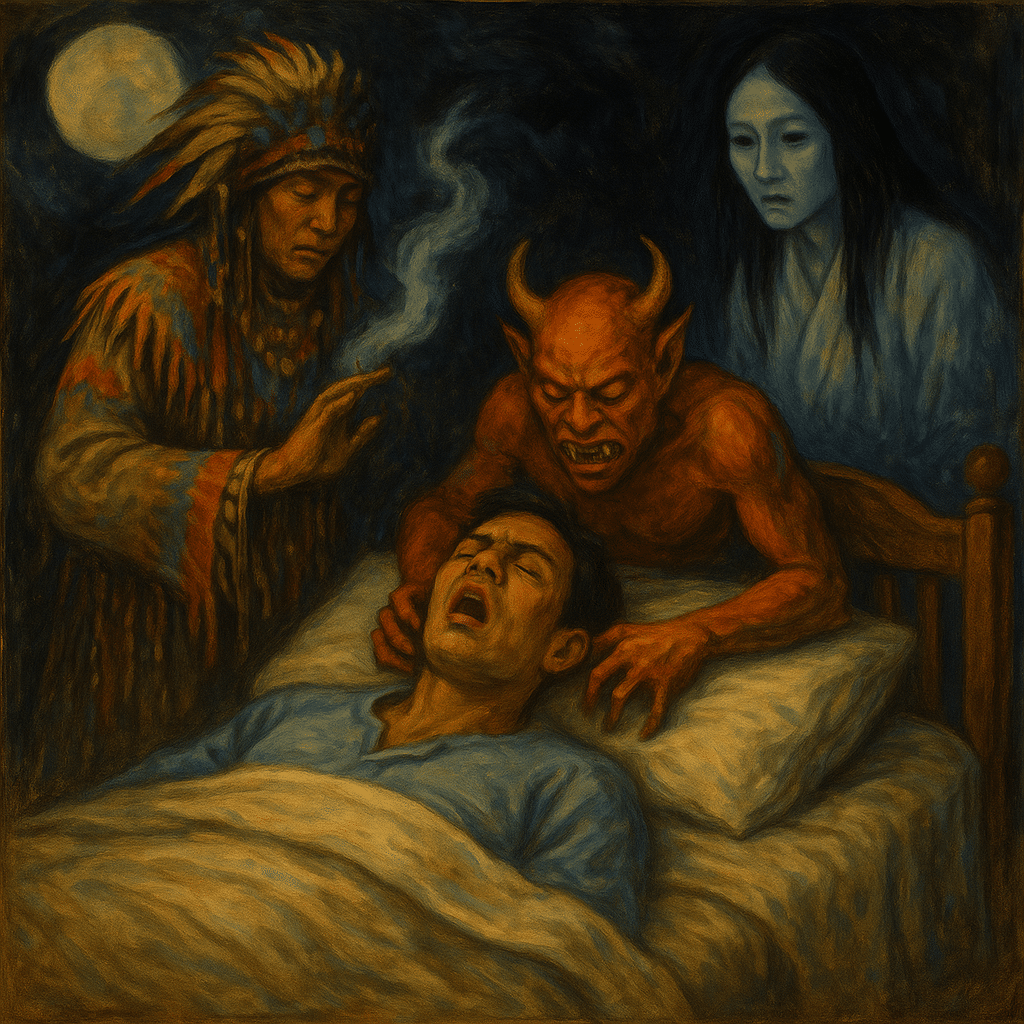 Illustration représentant la paralysie du sommeil selon différentes traditions : chaman sibérien, démon africain, esprit japonais kanashibari entourant un homme endormi.