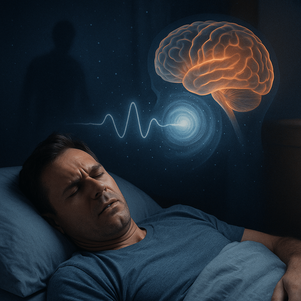 Homme en pleine paralysie du sommeil, allongé en détresse dans son lit, cerveau lumineux connecté à un portail énergétique, présence mystérieuse en arrière-plan.