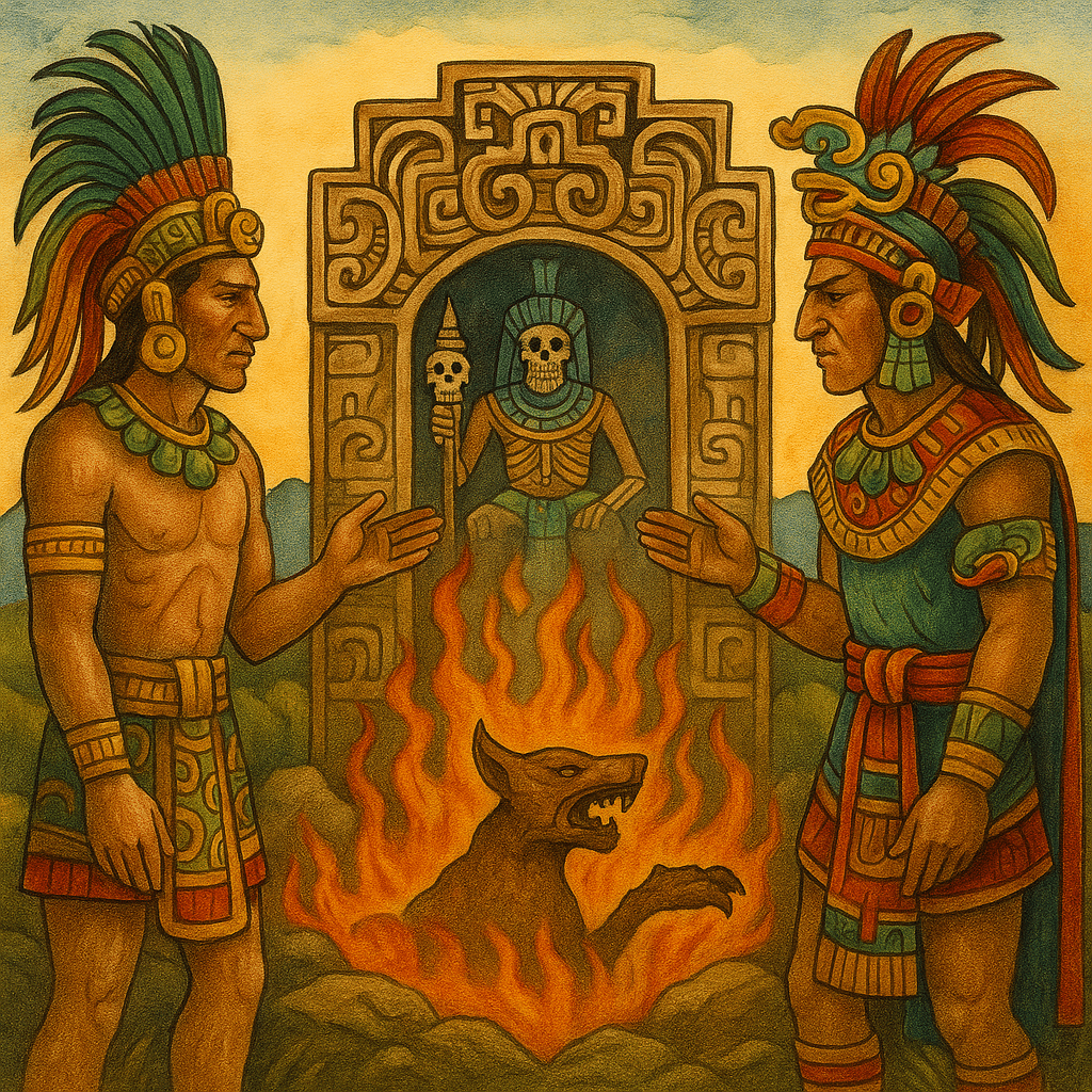 Illustration mésoaméricaine représentant deux figures mayas devant une porte sacrée ouvrant sur Xibalba, le monde souterrain. Feu mystique, divinité squelette et chien infernal symbolisent les épreuves de l’âme dans le Popol Vuh.