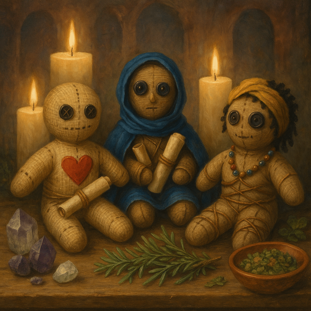 Trois poupées vaudou artisanales posées sur un autel rituel, entourées de bougies, cristaux, herbes sacrées et parchemins, illustrant leur fonction spirituelle de protection, d’amour et de guérison dans le vaudou de la Nouvelle-Orléans