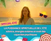 Femme méditant au lever du soleil sur une plage, illustrant la puissance spirituelle de l’été, le solstice et l’éveil des capacités psychiques – Infinita Corse Voyance