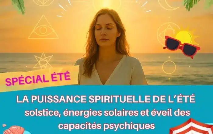 Femme méditant au lever du soleil sur une plage, illustrant la puissance spirituelle de l’été, le solstice et l’éveil des capacités psychiques – Infinita Corse Voyance