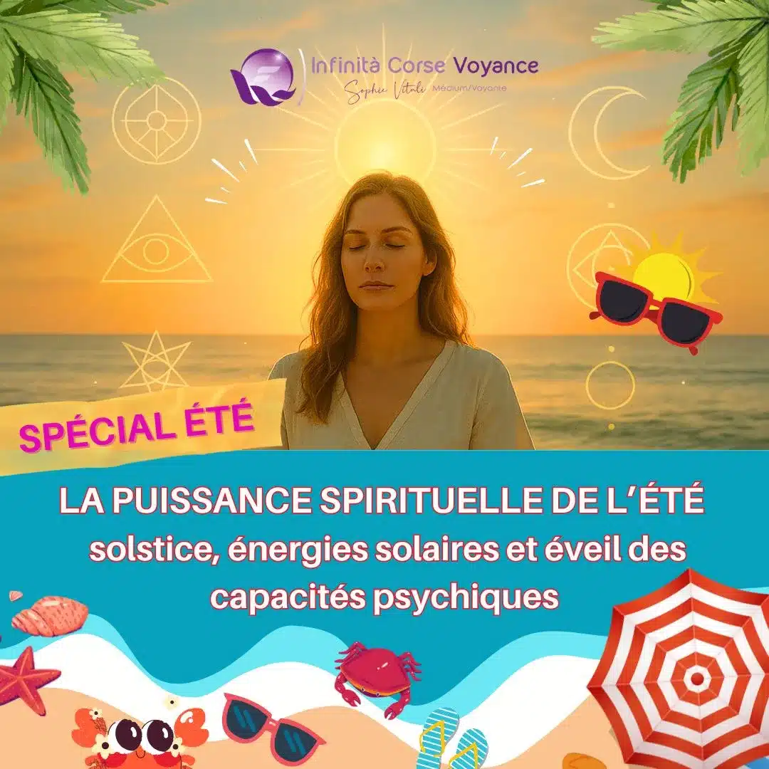 Femme méditant au lever du soleil sur une plage, illustrant la puissance spirituelle de l’été, le solstice et l’éveil des capacités psychiques – Infinita Corse Voyance