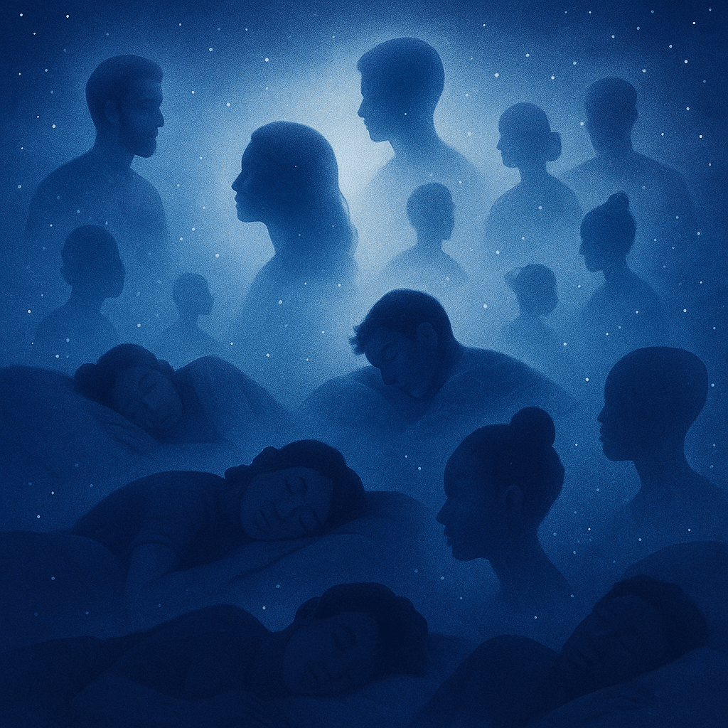 Silhouettes de dormeurs rêvant de personnes décédées sous un ciel étoilé, illustration du phénomène universel de rêver d’un défunt