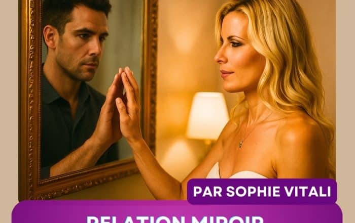 Sophie Vitali devant un miroir face à un homme, illustrant la puissance spirituelle des relations miroir comme reflet de l’âme et outil d’éveil intérieur.