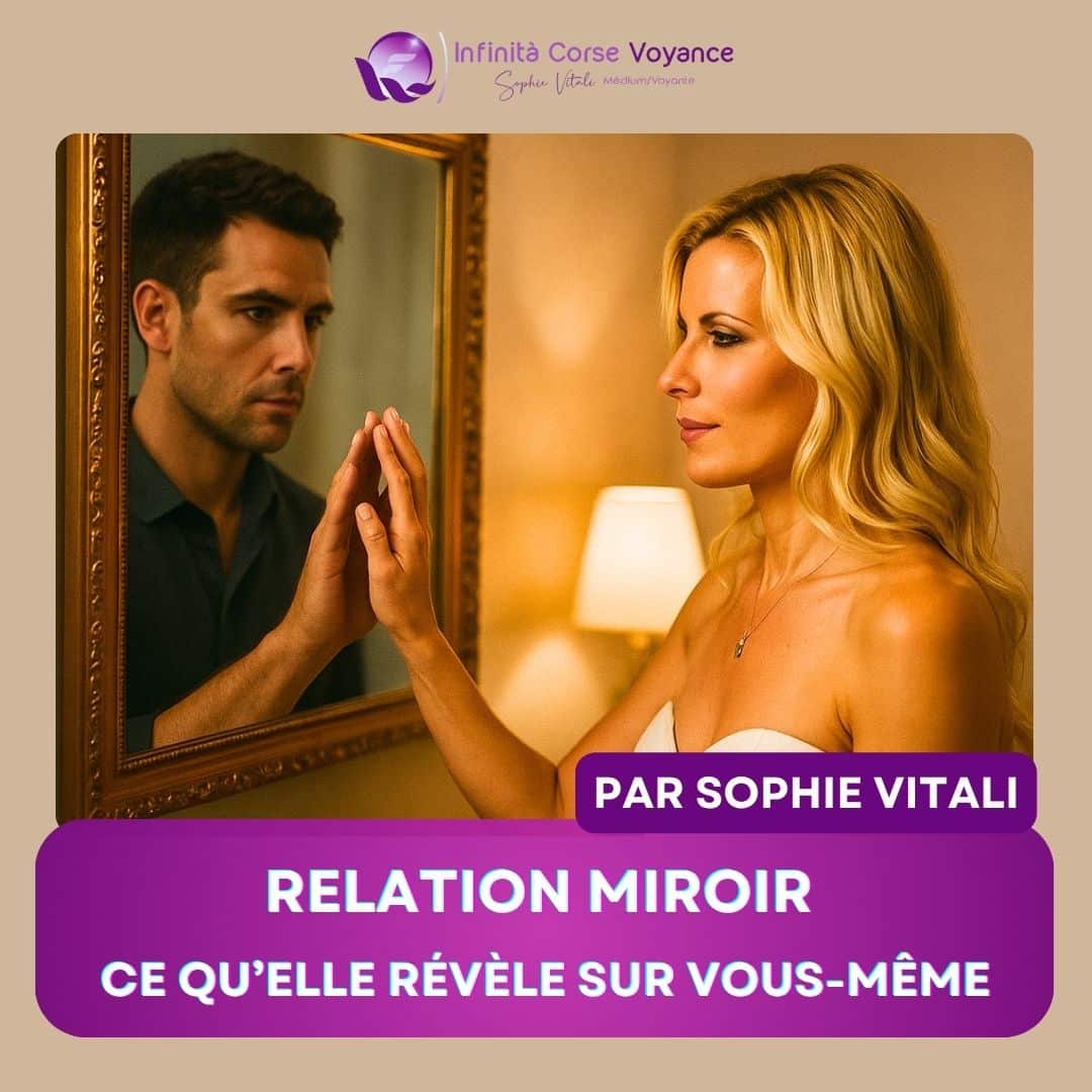 Sophie Vitali devant un miroir face à un homme, illustrant la puissance spirituelle des relations miroir comme reflet de l’âme et outil d’éveil intérieur.