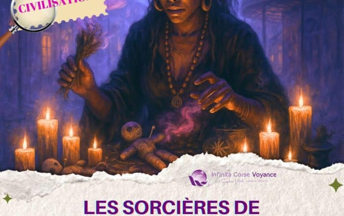 Illustration d’une sorcière vaudou de la Nouvelle-Orléans pratiquant un rituel magique, entourée de bougies, d’une poupée vaudou et d’encens dans une ambiance mystique nocturne