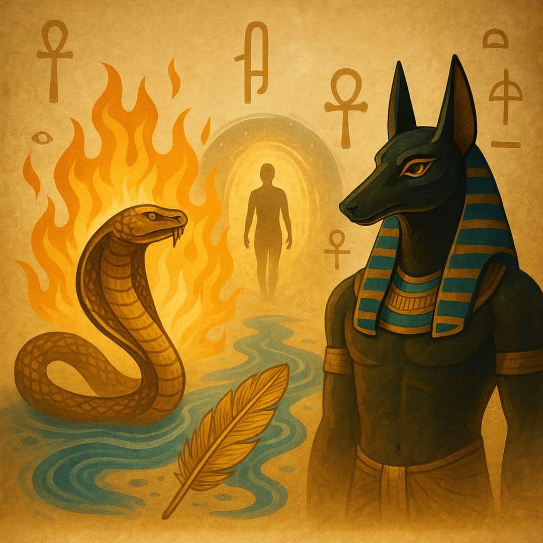 Illustration ésotérique avec Anubis, un serpent de feu, une plume de Maât, des eaux sacrées et un portail astral dans le Duat. Représentation symbolique des épreuves initiatiques du Livre des morts égyptien.