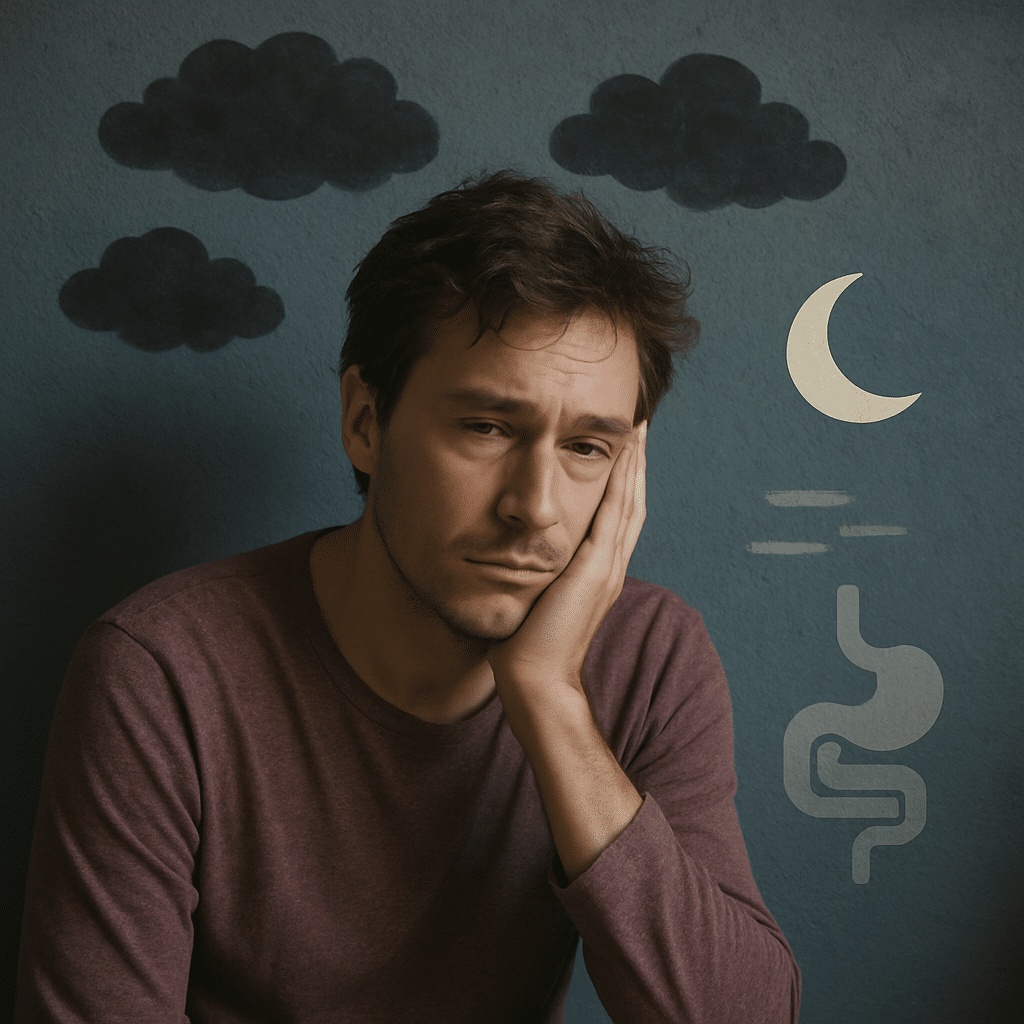 Homme triste et fatigué, entouré d’illustrations de nuages, lune et organes digestifs, symbolisant les signes émotionnels et corporels de la nuit noire de l’âme