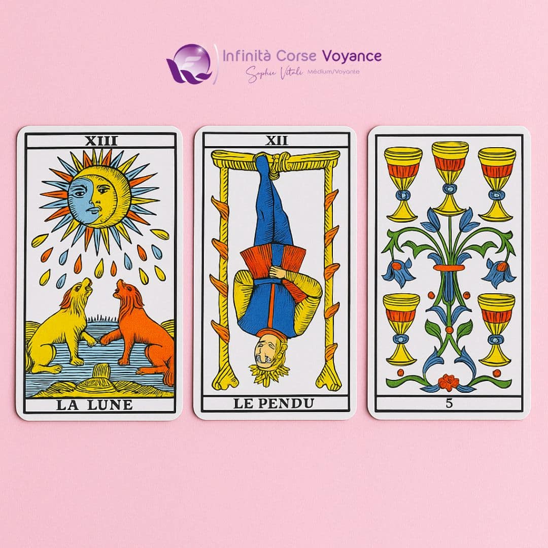 Cartes du tarot de Marseille posées sur un fond rose : La Lune, Le Pendu et le 5 de Coupes, illustrant un tirage du non-dit dans une situation amoureuse avec blocages émotionnels et non-dits