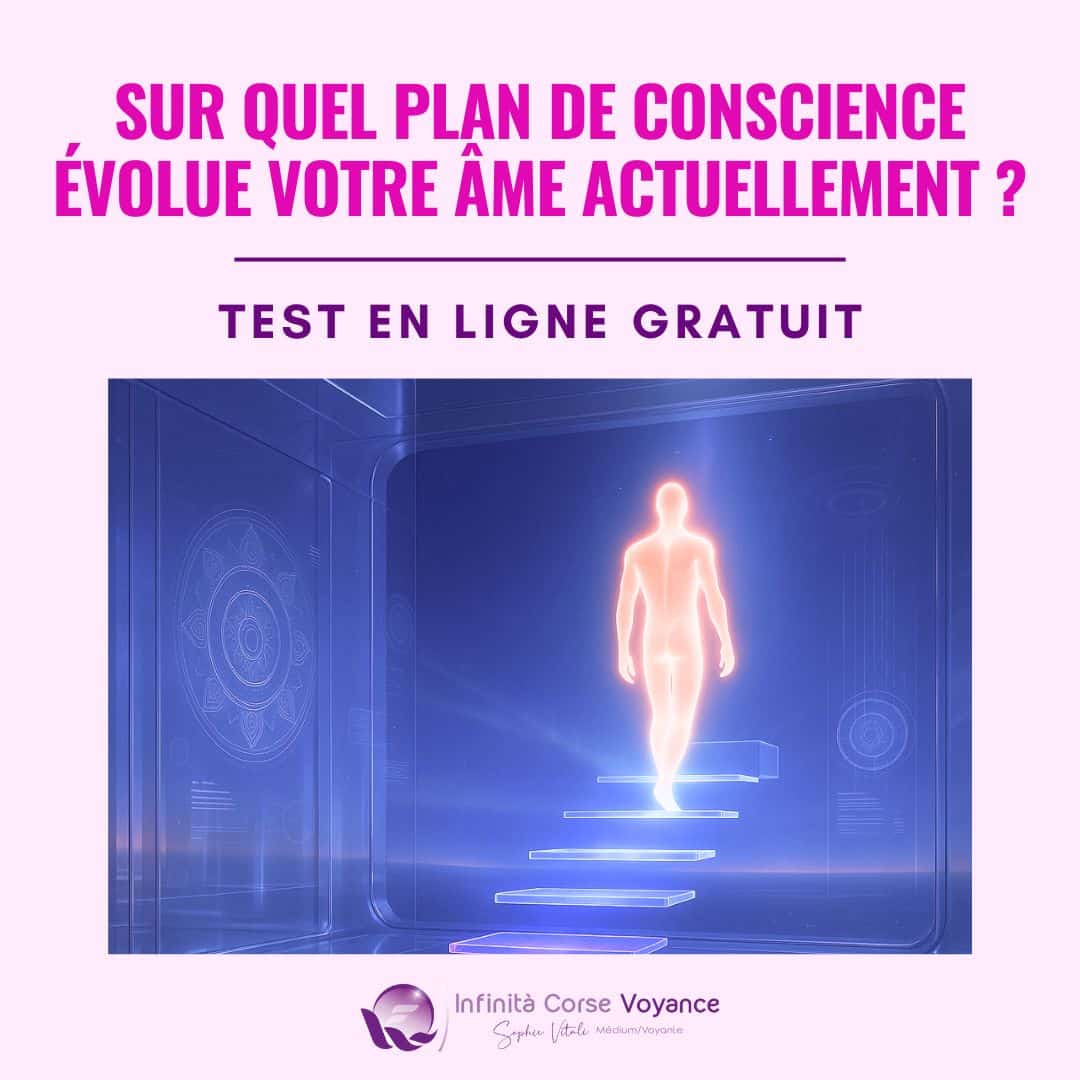 Visuel promotionnel du test en ligne gratuit proposé par Infinita Corse Voyance pour découvrir sur quel plan de conscience évolue votre âme actuellement.