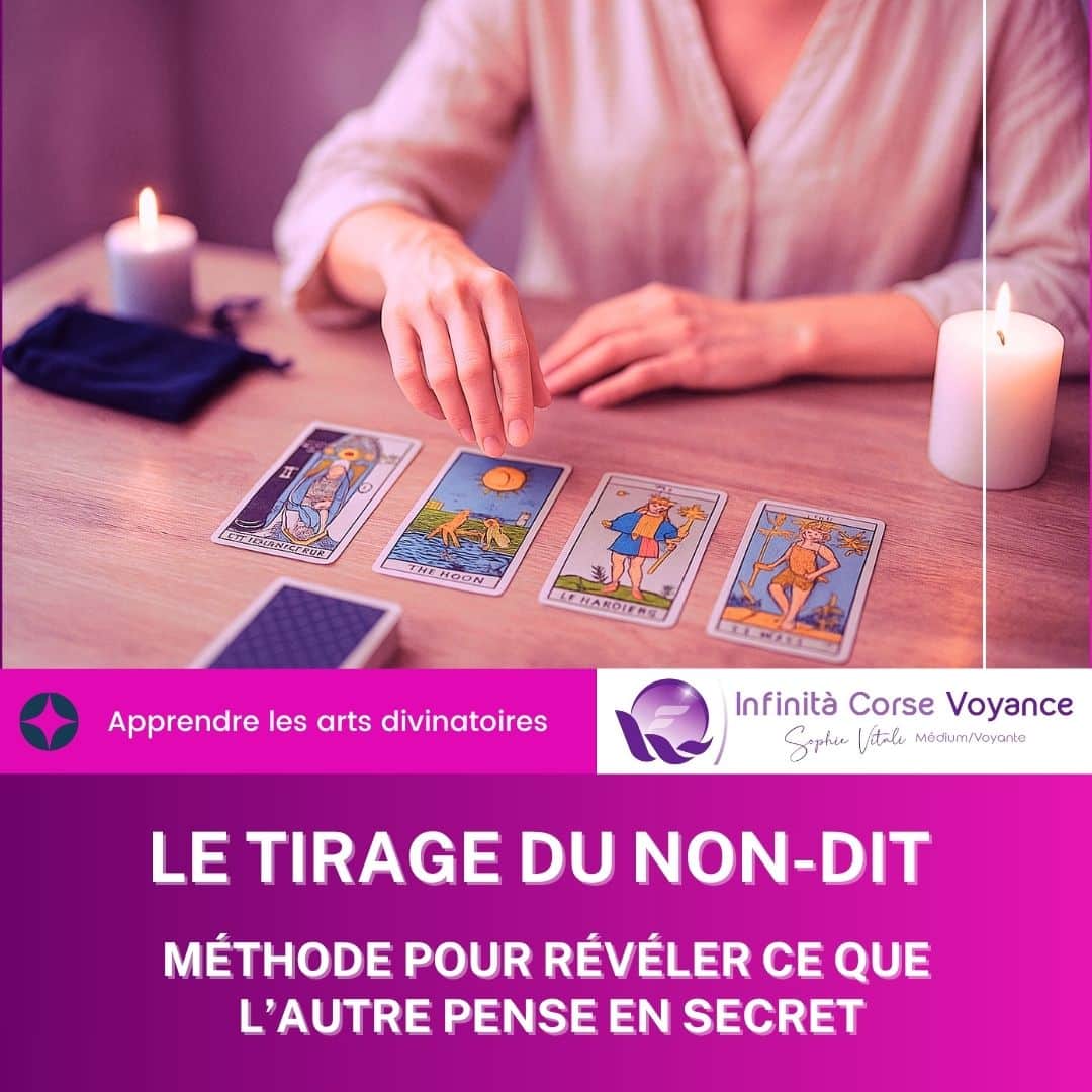 Femme réalisant un tirage du non-dit avec le tarot de Marseille pour dévoiler les pensées cachées d’une personne, méthode divinatoire intuitive sur table avec bougies et cartes