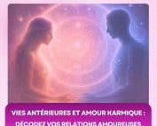 Illustration spirituelle d’un couple d’âmes lié par leurs vies antérieures, entouré d’un mandala énergétique en rose et bleu, symbolisant les relations amoureuses karmiques.