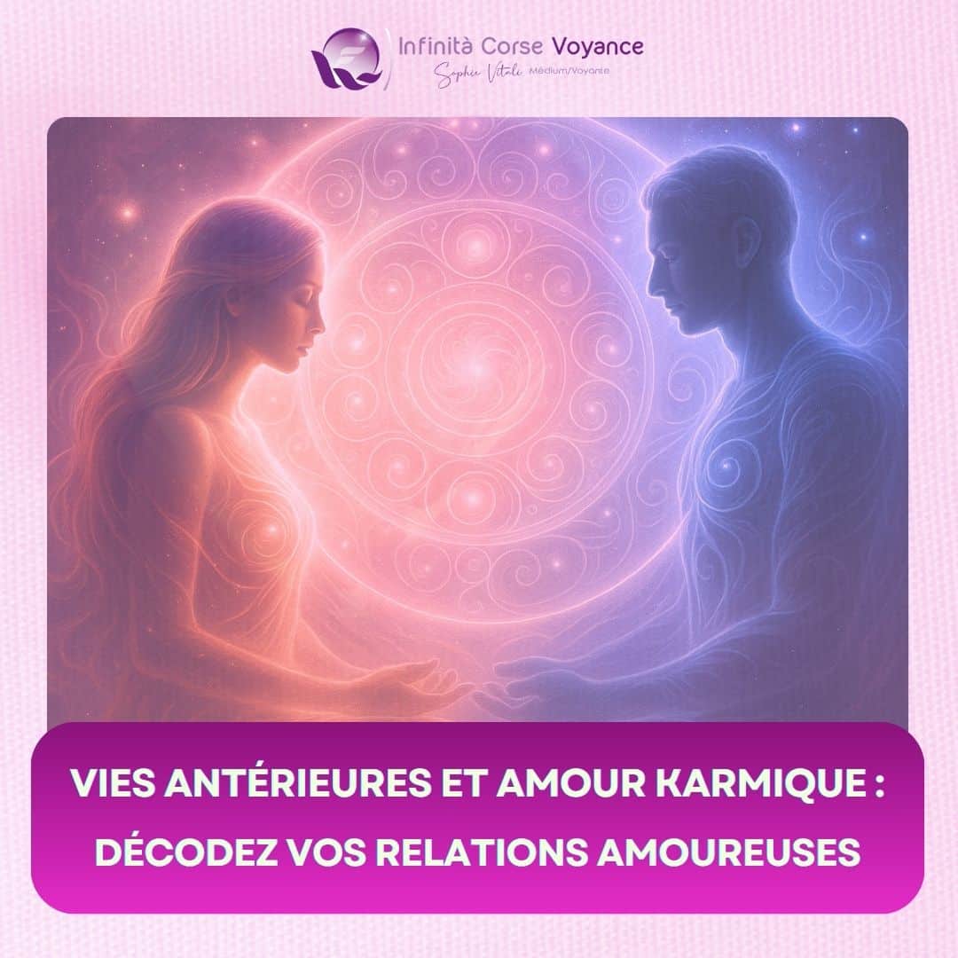 Illustration spirituelle d’un couple d’âmes lié par leurs vies antérieures, entouré d’un mandala énergétique en rose et bleu, symbolisant les relations amoureuses karmiques.