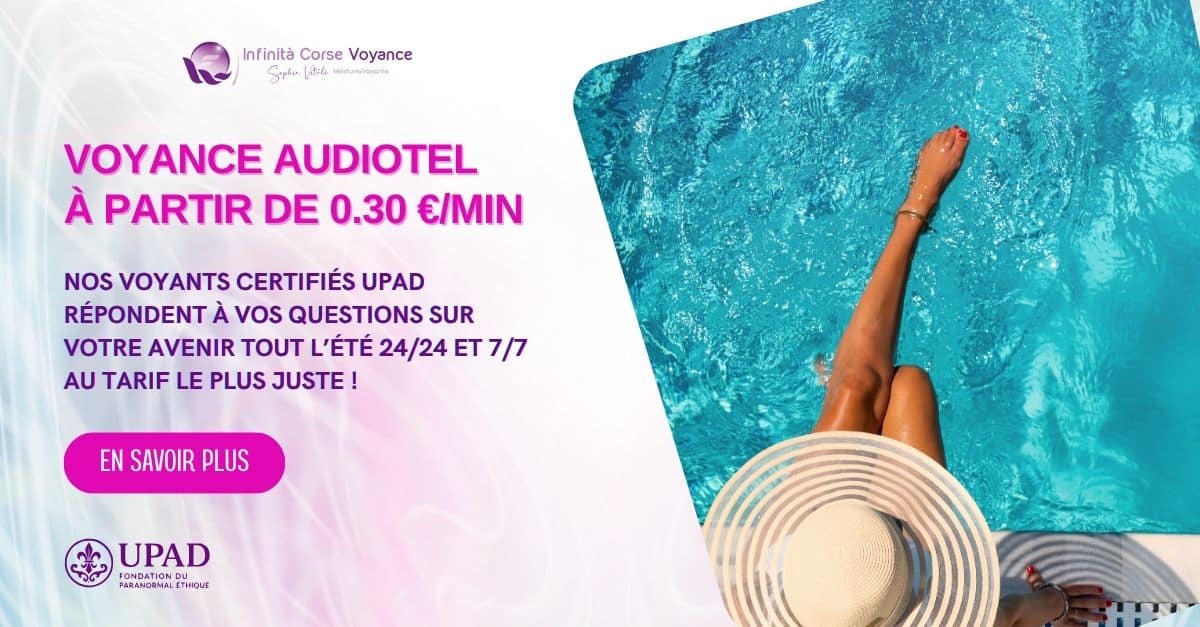 Femme au bord d’une piscine avec chapeau, illustrant une offre de voyance audiotel à partir de 0,30 € la minute, disponible 24h/24 et 7j/7 avec des voyants certifiés UPAD