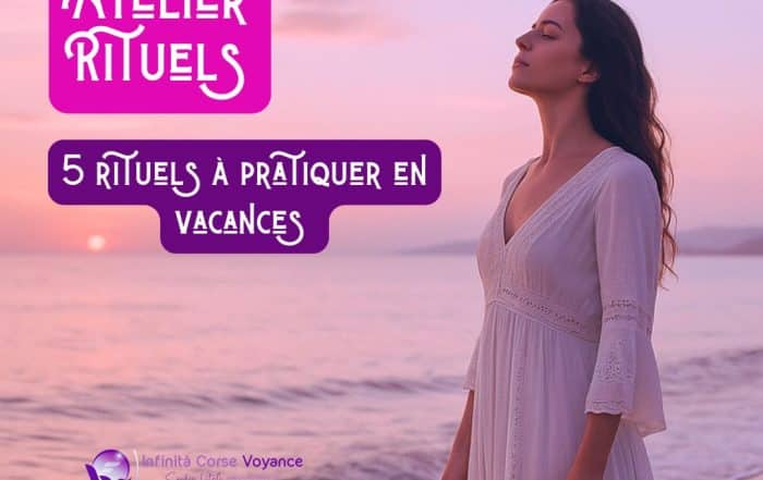 Femme en robe blanche méditant sur une plage au coucher du soleil, illustrant les 5 rituels spirituels à pratiquer en vacances sans matériel.