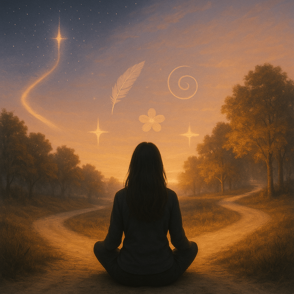 Femme assise face à un croisement symbolique, observant le ciel rempli de signes spirituels, illustrant le libre arbitre dans la médiumnité.