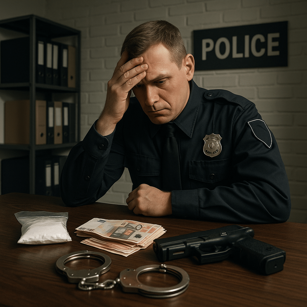 Policier en uniforme assis, l’air accablé, devant de l’argent, de la drogue, des menottes et une arme sur une table – symbolisant la corruption des institutions.