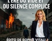 Femme marchant dans une rue en ruine devant un bâtiment en feu, illustrant la déshumanisation de la société moderne – Édito de Sophie Vitali
