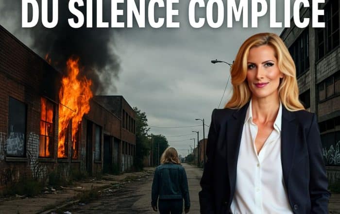 Femme marchant dans une rue en ruine devant un bâtiment en feu, illustrant la déshumanisation de la société moderne – Édito de Sophie Vitali