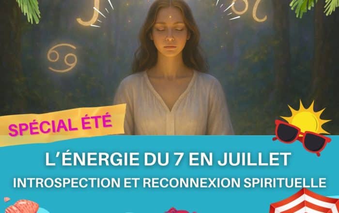 Femme méditant en cercle sacré de cristaux en forêt, symbolisant la vibration spirituelle du chiffre 7 en juillet et la reconnexion intérieure.