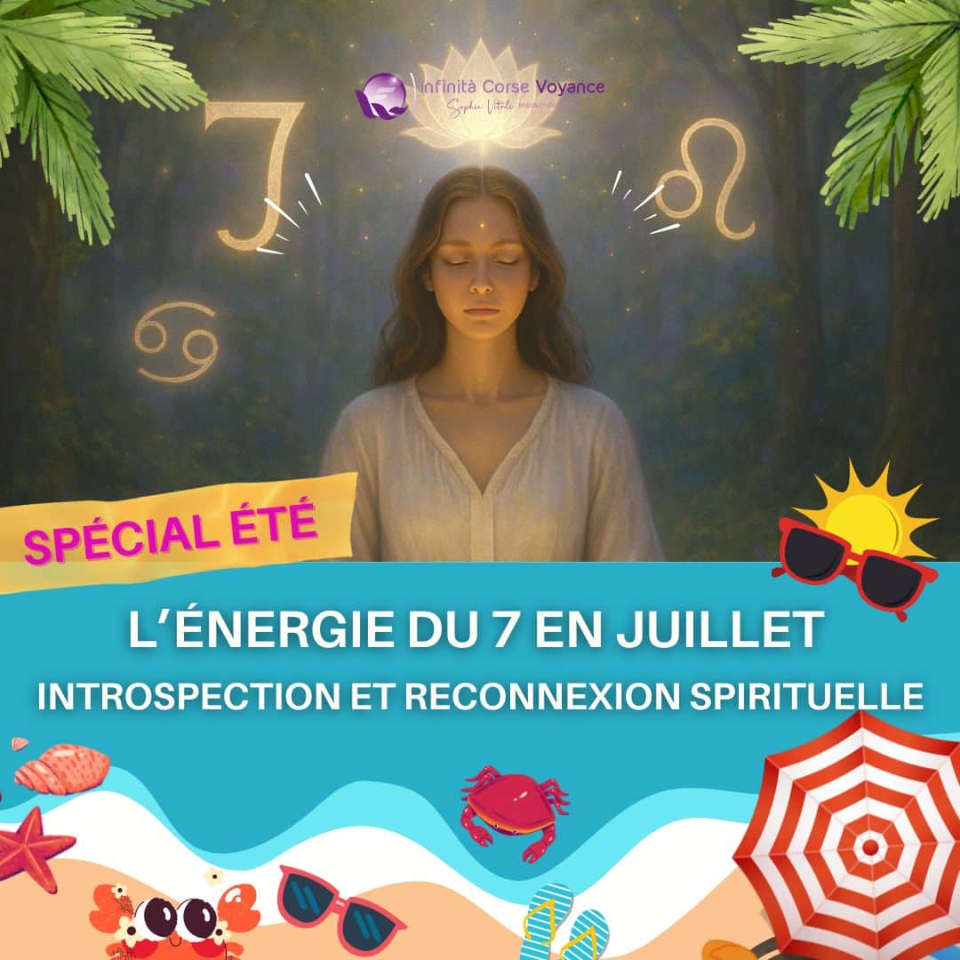 Femme méditant en cercle sacré de cristaux en forêt, symbolisant la vibration spirituelle du chiffre 7 en juillet et la reconnexion intérieure.