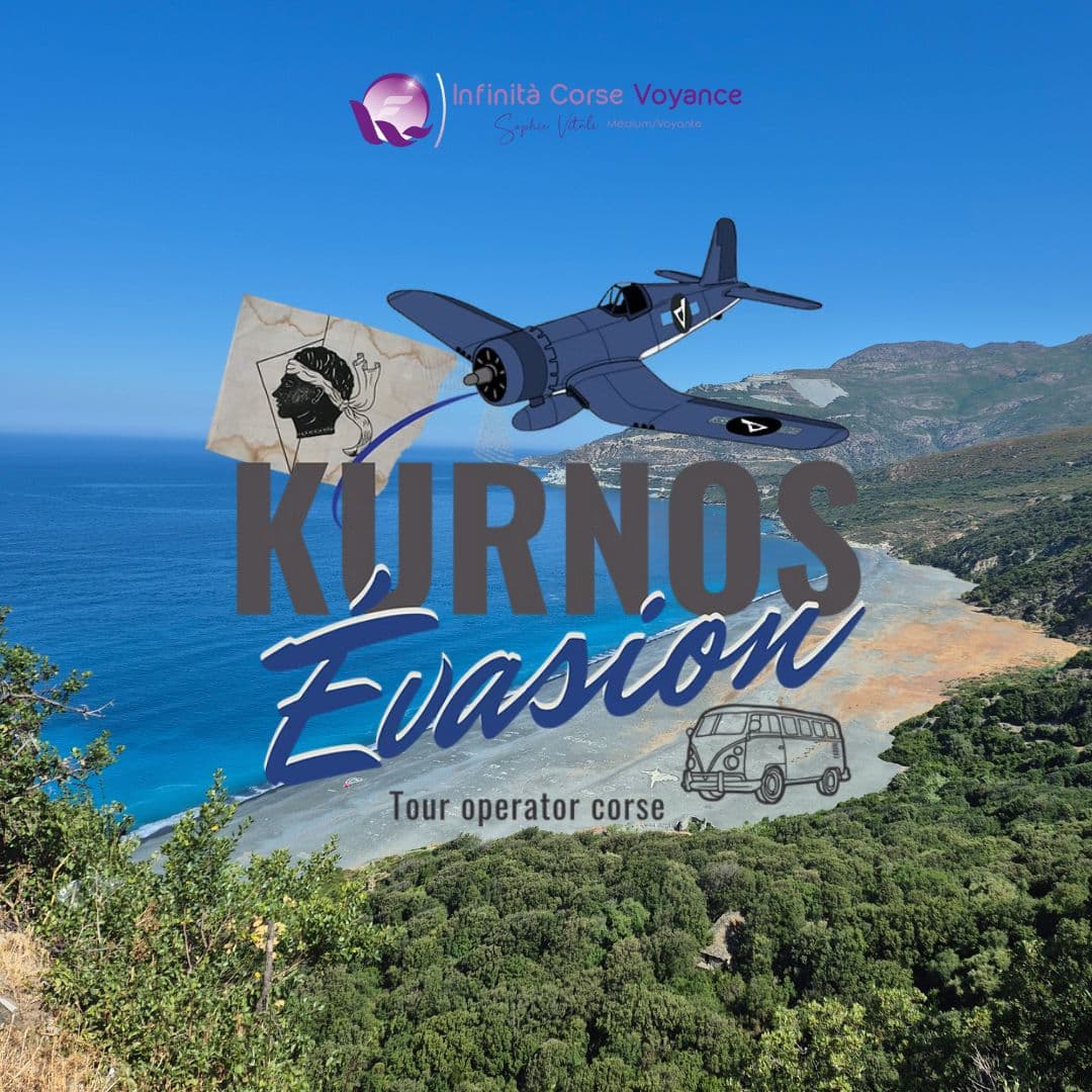 Logo de Kurnos Évasion sur fond panoramique de la plage de Nonza en Corse, avec mentions IGESA, Belambra et Camping San Damiano à Bastia, illustrant les options d'hébergement et les excursions