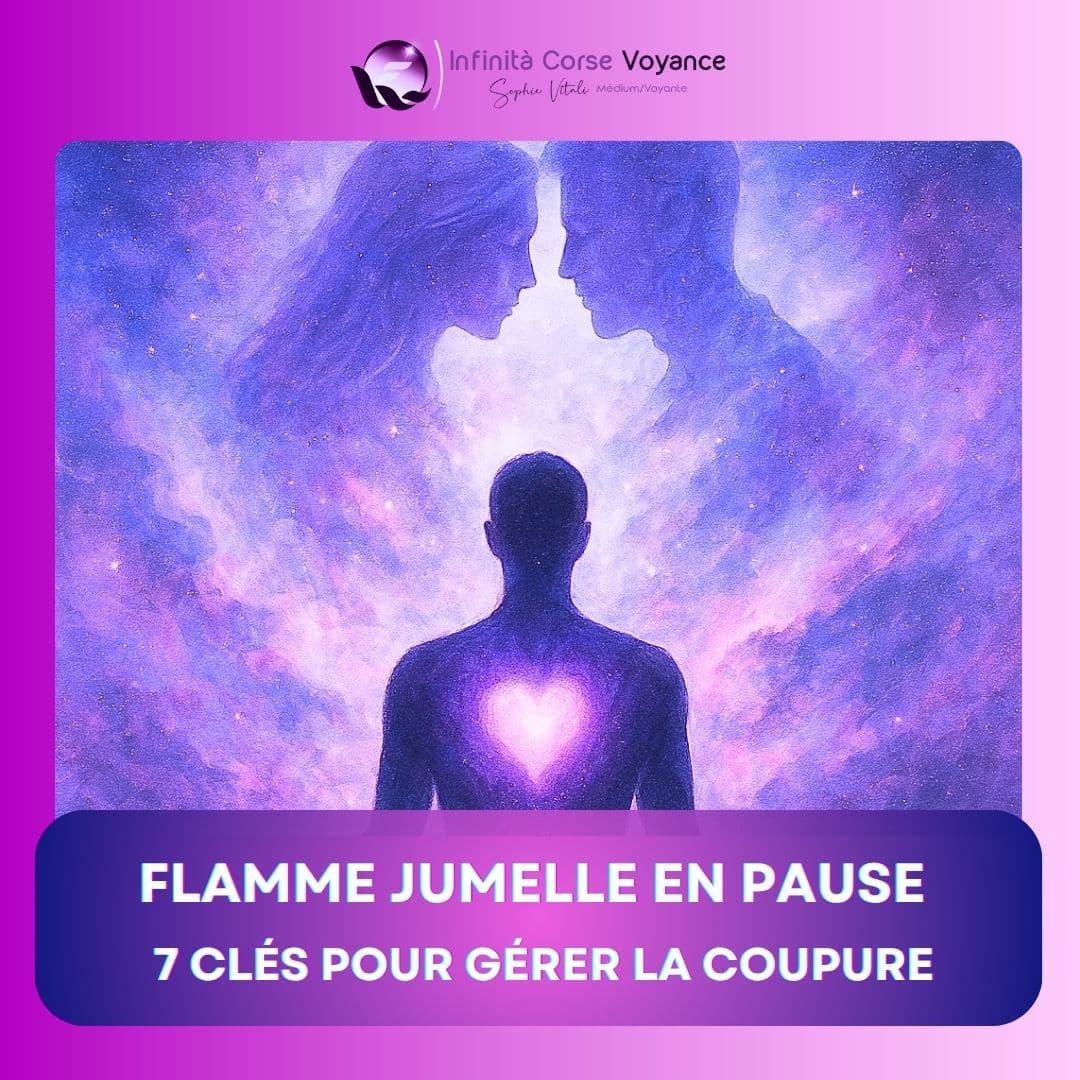 Illustration spirituelle représentant la séparation énergétique entre flammes jumelles avec lumière au cœur, accompagnée du titre “Flamme jumelle en pause – 7 clés pour gérer la coupure”, image de Sophie Vitali sur fond violet.