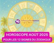 Illustration astrologique représentant les 12 signes du zodiaque avec un ciel étoilé, utilisée pour l’horoscope gratuit du mois d’août 2025 proposé par Sophie Vitali sur Infinita Corse Voyance.