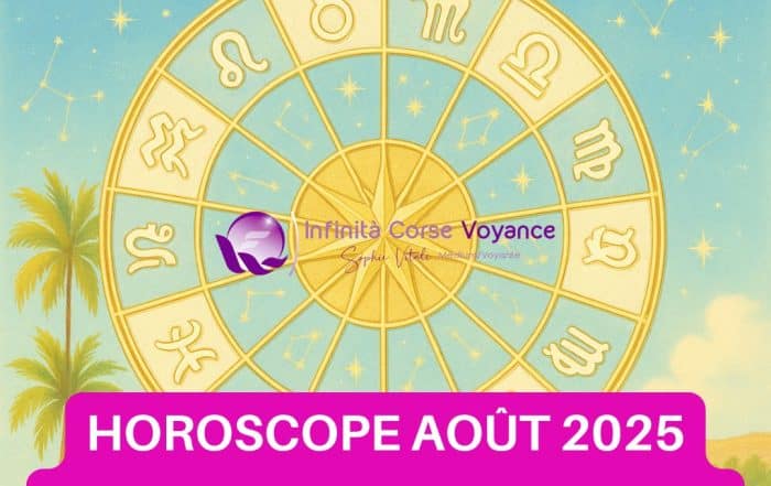 Illustration astrologique représentant les 12 signes du zodiaque avec un ciel étoilé, utilisée pour l’horoscope gratuit du mois d’août 2025 proposé par Sophie Vitali sur Infinita Corse Voyance.