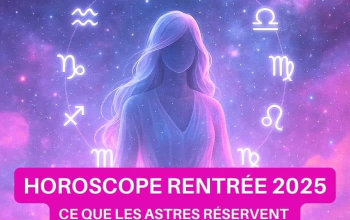 Illustration céleste de l’horoscope rentrée 2025 avec une silhouette féminine entourée des signes astrologiques, dans les tons rose, bleu et violet – Infinita Corse Voyance