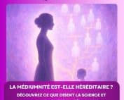 Illustration d'une femme connectée à son arbre généalogique énergétique, représentant la transmission de la médiumnité à travers les générations.