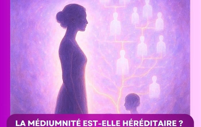 Illustration d'une femme connectée à son arbre généalogique énergétique, représentant la transmission de la médiumnité à travers les générations.